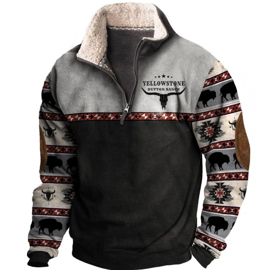 Men'S Favoshape | Men'S Ethnic Style Contrast Warm Pullover Sweatshirt