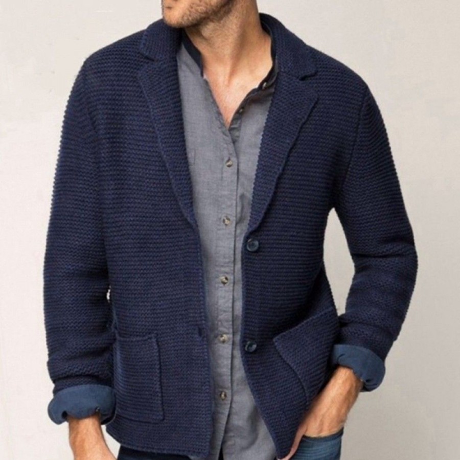 Men'S Favoshape | Men'S Western Waffle Wool Knitted Shawl-Collar Cardigan Blazer Navy