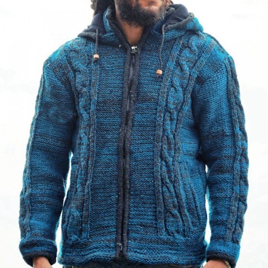 Men'S Favoshape | Men'S Vintage Hooded Zip Up Cable Knitted Cardigan Sweater Blue