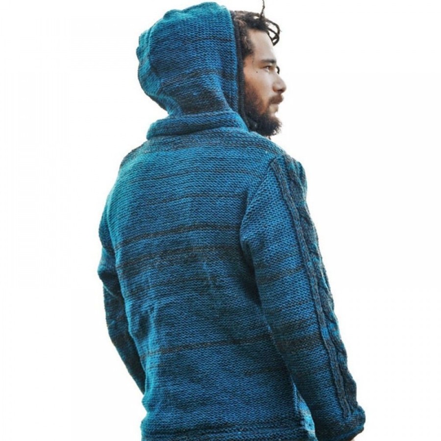 Men'S Favoshape | Men'S Vintage Hooded Zip Up Cable Knitted Cardigan Sweater Blue