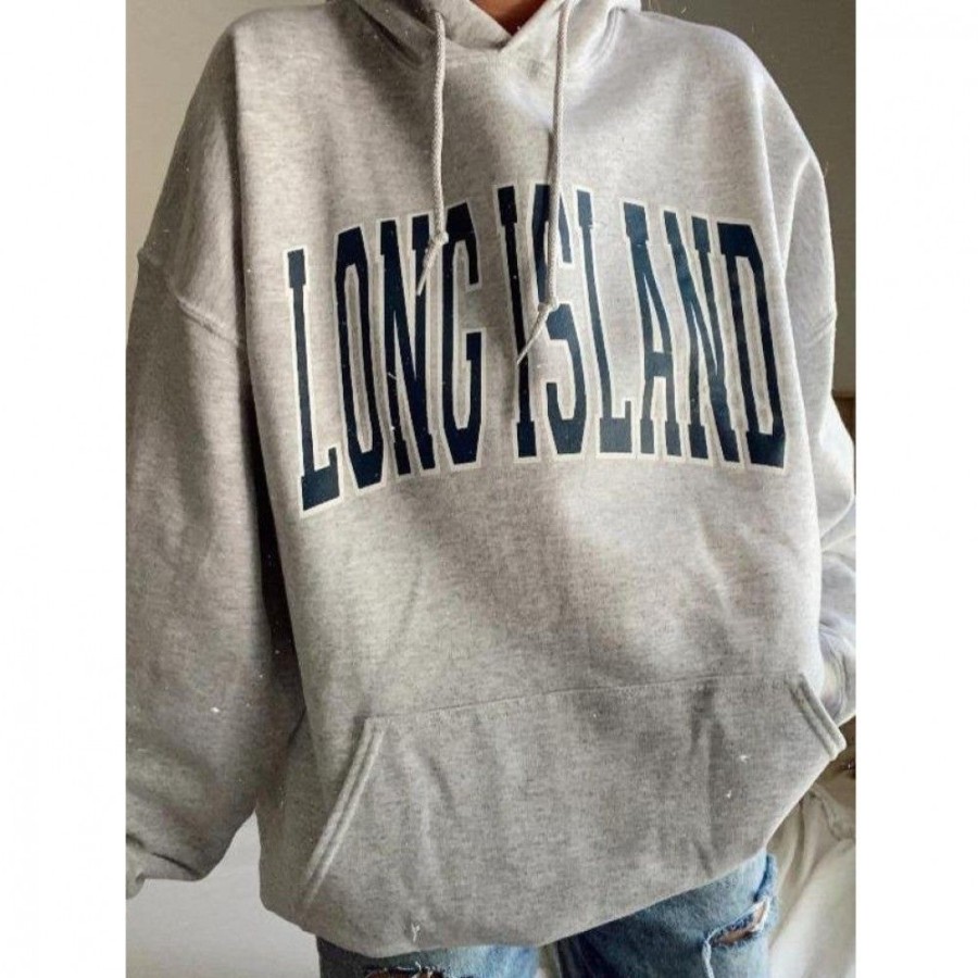 Women'S Favoshape | Women'S Oversized Long Island Printed Hoodie Grey