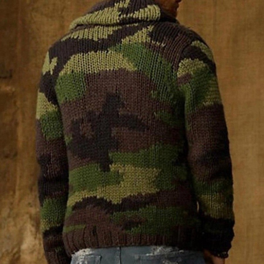 Men'S Favoshape | Men'S Button-Up Camouflage Lapel Jacquard Cardigan Sweater Army Green