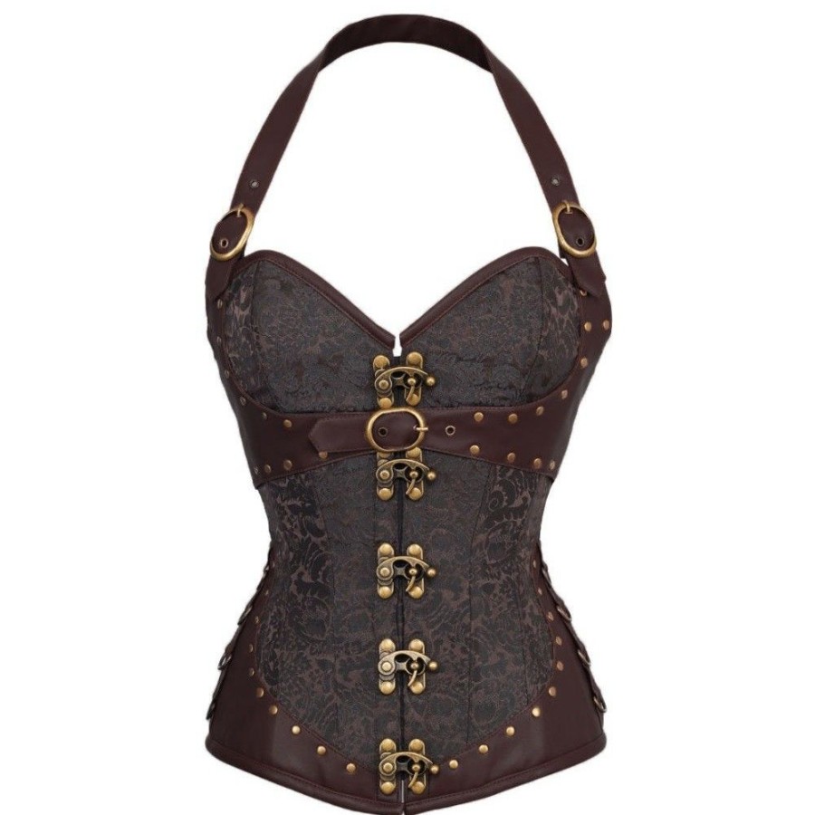 Corsets Favoshape | Retro Brocade Halter Overbust Steampunk Corset Leather Bustiers