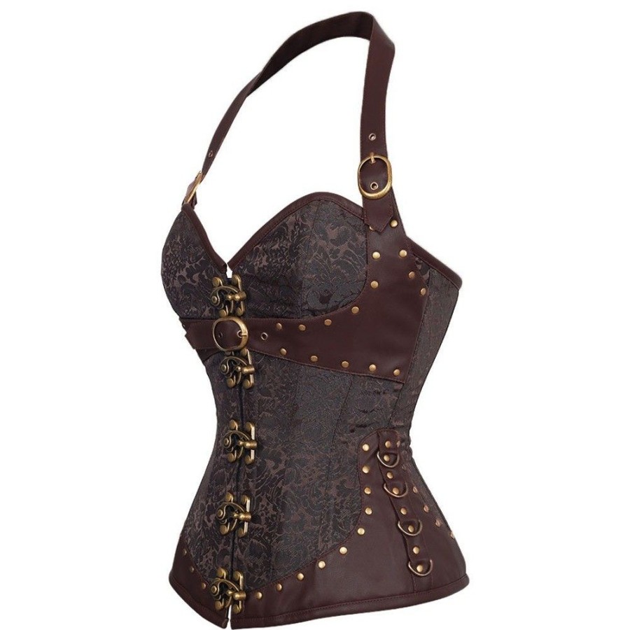 Corsets Favoshape | Retro Brocade Halter Overbust Steampunk Corset Leather Bustiers