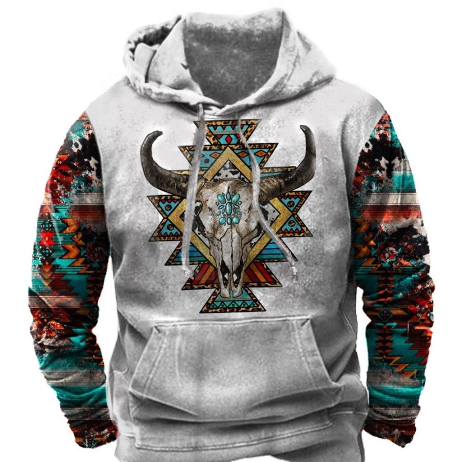 Men'S Favoshape | Men'S Western Cowboy Aztec Sleeve 3D Print Hoodie Gray