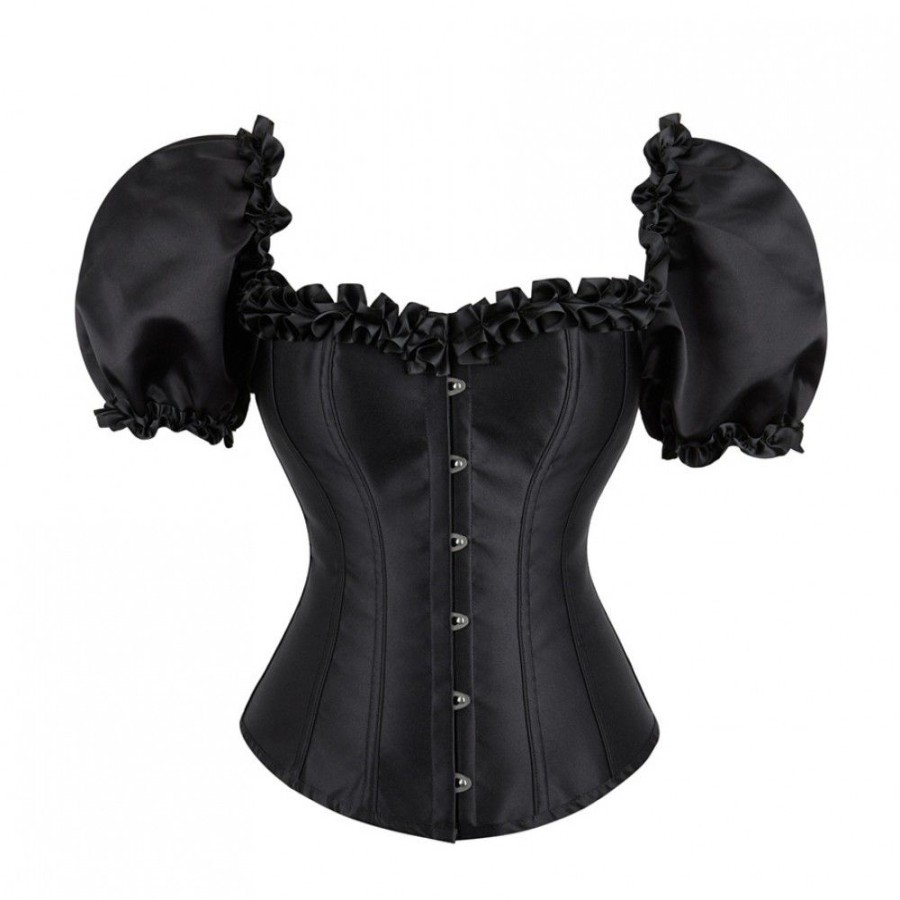 Corsets Favoshape | Women'S Vintage Square Neck Puff Sleeve Overbust Corset Steampunk Button Down Bustier Black