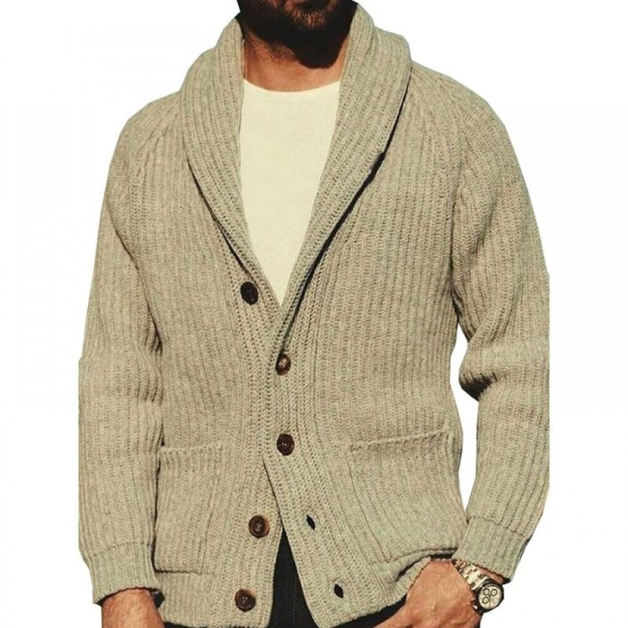 Men'S Favoshape | Men'S Western Shawl Collar Button Up Ribbed Knitted Cardigan With Pockets Khaki