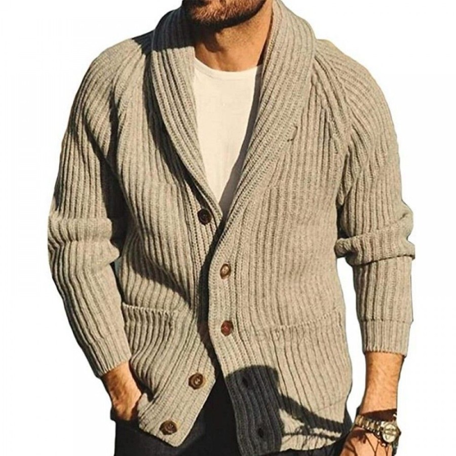 Men'S Favoshape | Men'S Western Shawl Collar Button Up Ribbed Knitted Cardigan With Pockets Khaki