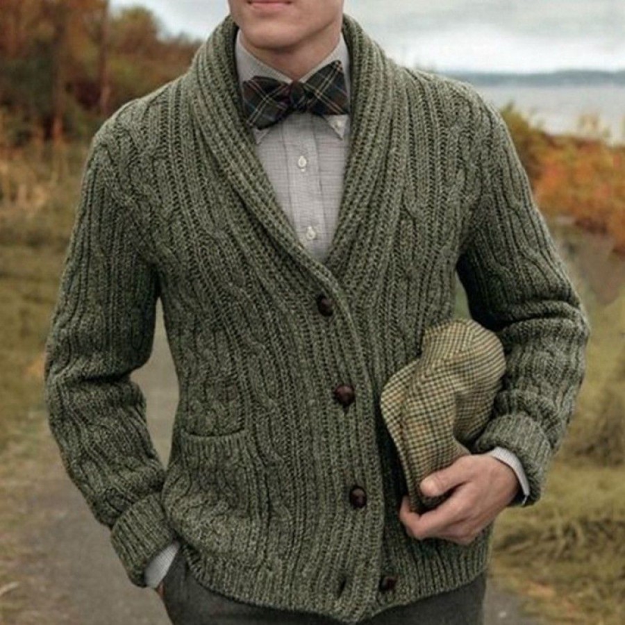 Men'S Favoshape | Men'S Vintage Landscape Button Up Shawl Collar Cable Knitted Cardigan Green