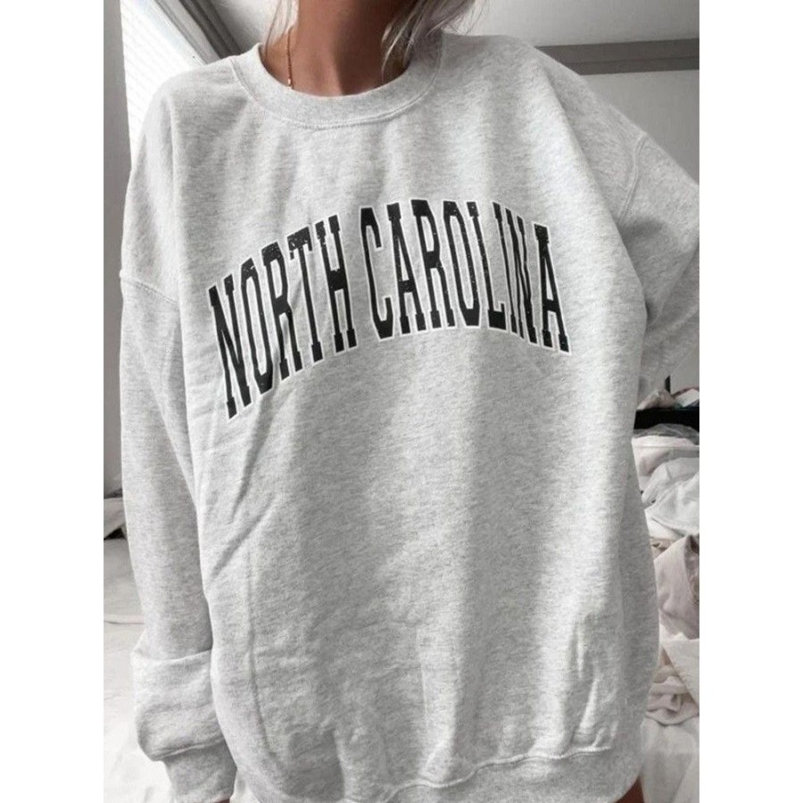 Women'S Favoshape | Women'S Preppy North Carolina Printed Crewneck Sweatshirt Grey