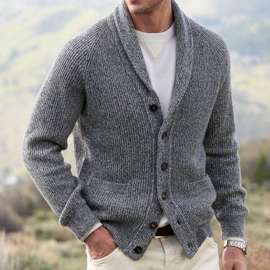 Men'S Favoshape | Men'S Shawl Collar V-Neck Button Up Ribbed Knitted Cardigan Gray