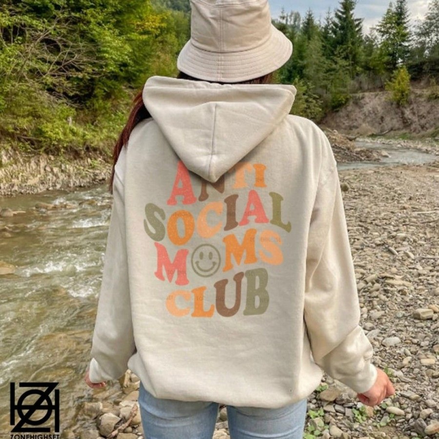 Women'S Favoshape | Women'S Anti Social Moms Club Happy Smiley Face Hoodie Khaki