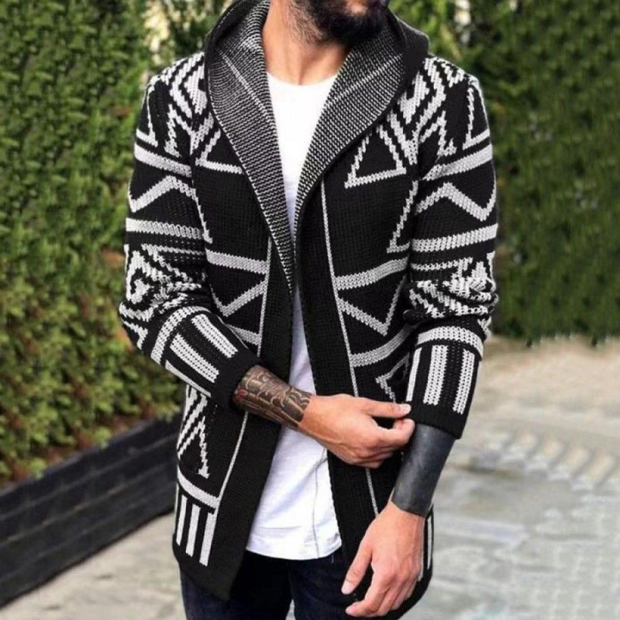 Men'S Favoshape | Men'S Casual Geometric Pattern Mid-Length Knitting Cardigan Black