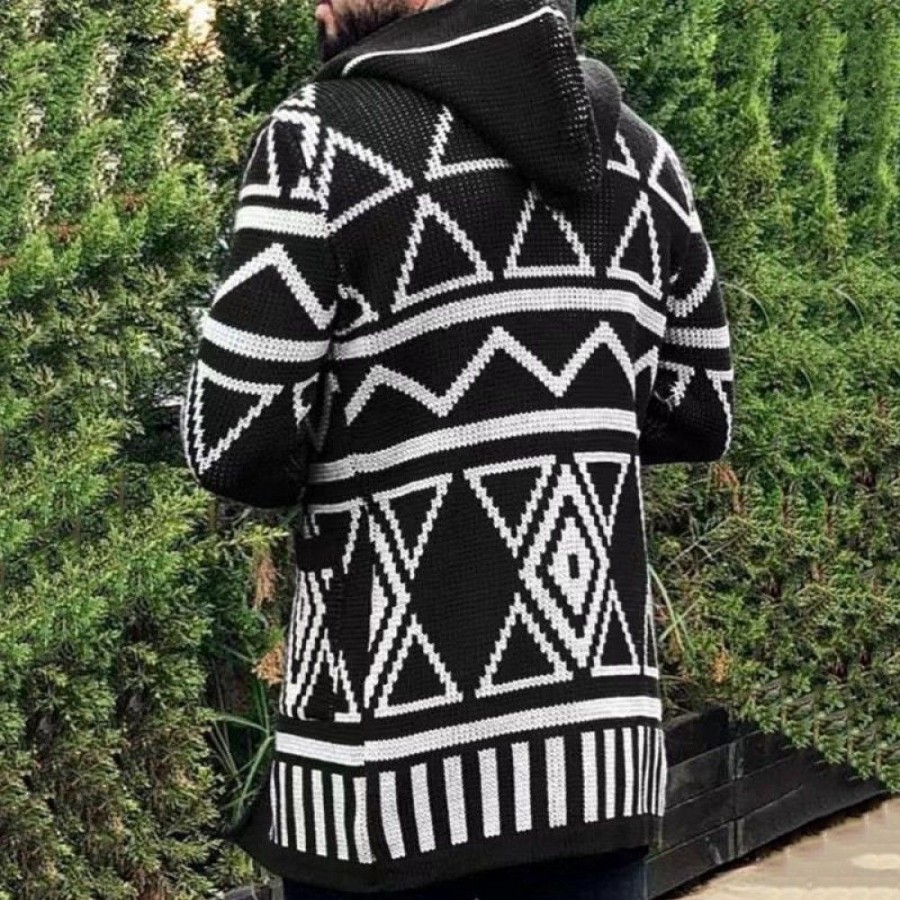 Men'S Favoshape | Men'S Casual Geometric Pattern Mid-Length Knitting Cardigan Black