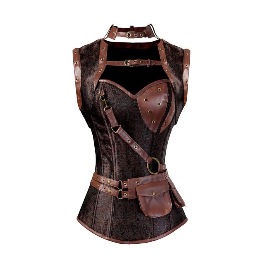 Corsets Favoshape | Women Steampunk Brocade Leather Corset Top Retro Jacquard Bustiers Brown