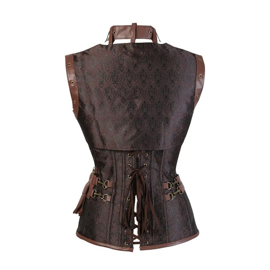 Corsets Favoshape | Women Steampunk Brocade Leather Corset Top Retro Jacquard Bustiers Brown