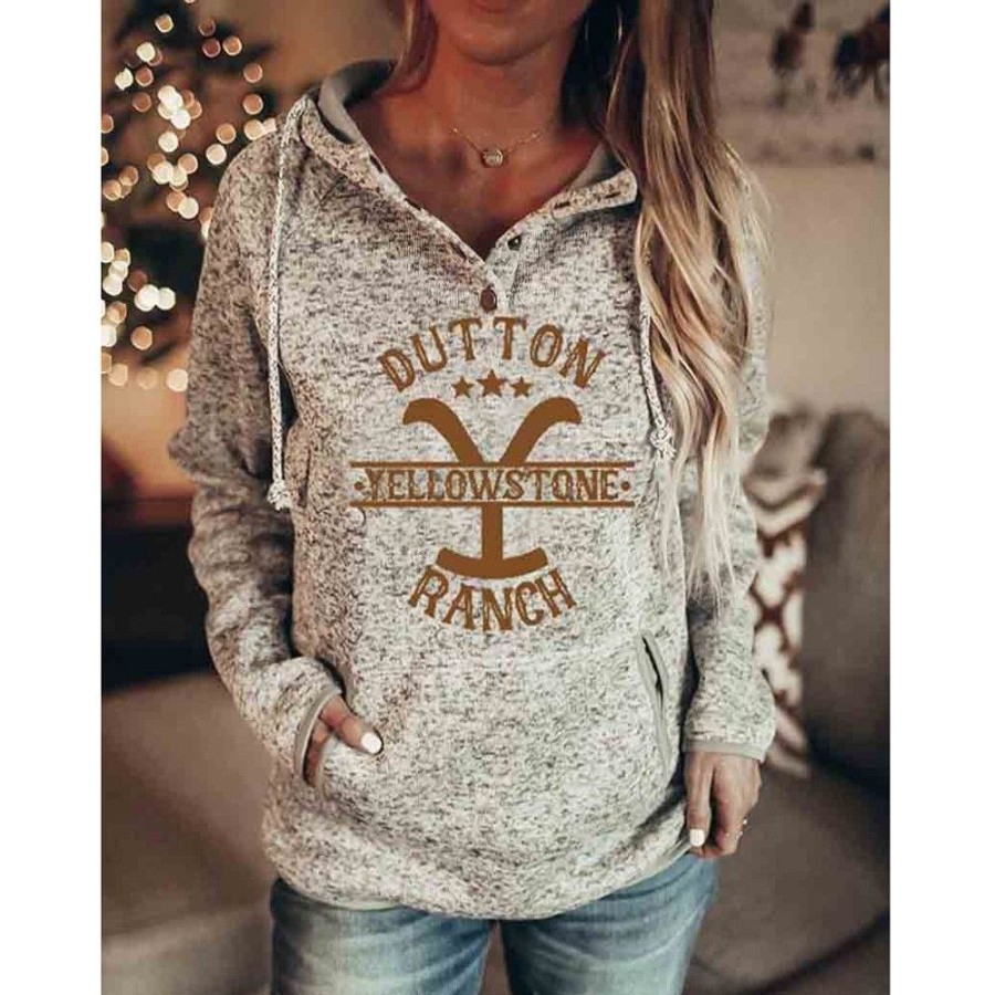 Women'S Favoshape | Women'S Yellowstone Dutton Ranch Printed Hoodie Grey