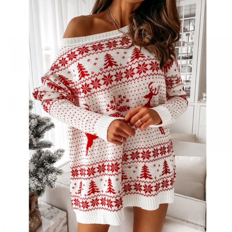 Ugly Sweater Favoshape | Women Christmas Pattern Knit Off-Shoulder Sweater Dress