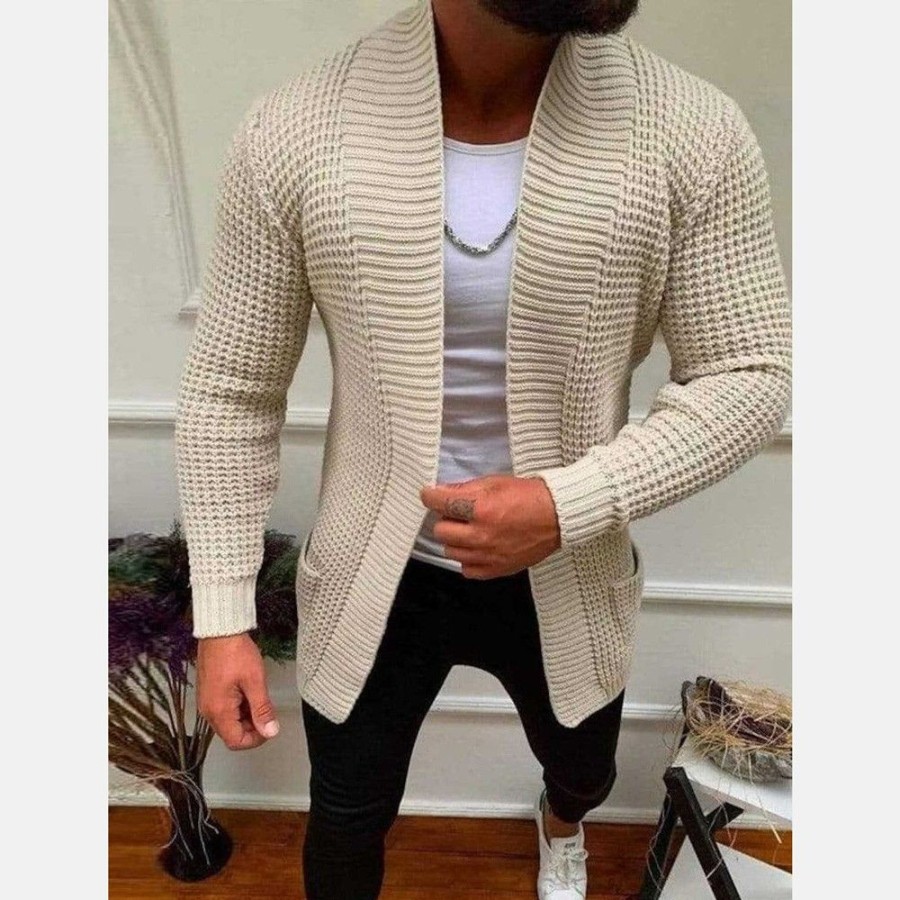 Men'S Favoshape | Men'S Retro Open Front Waffle Cable Knit Cardigan