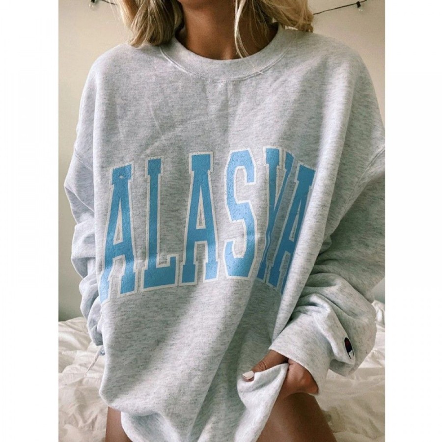 Women'S Favoshape | Women'S Alaska Printed Loose Fit Crewneck Sweatshirt Grey