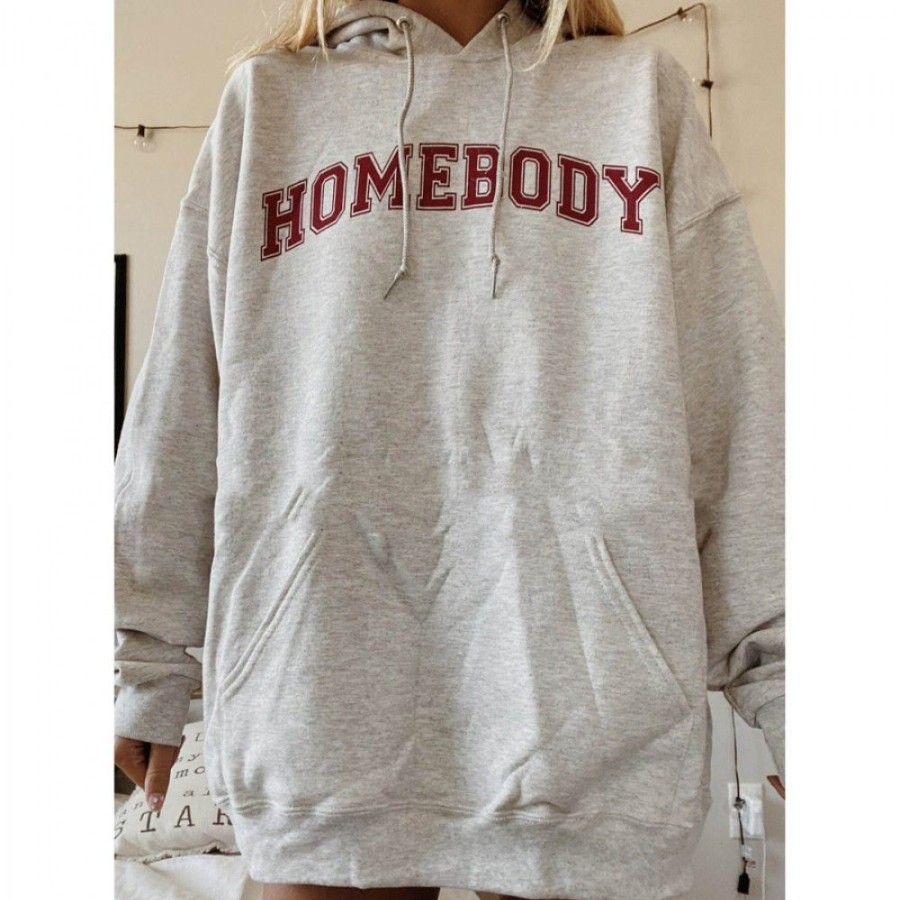 Women'S Favoshape | Women'S Oversized Homebody Printed Hoodie Grey