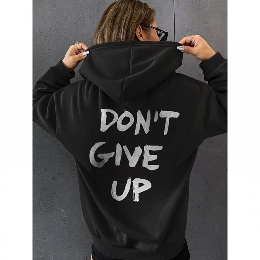 Women'S Favoshape | Women'S Don'T Give Up Printed Hoodie Black