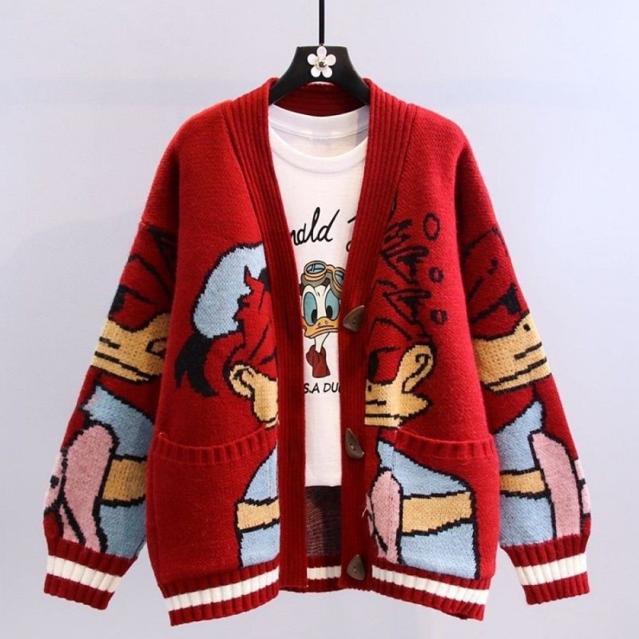 Women'S Favoshape | Women'S Cartoon Duck Knitted Button Up Cardigan