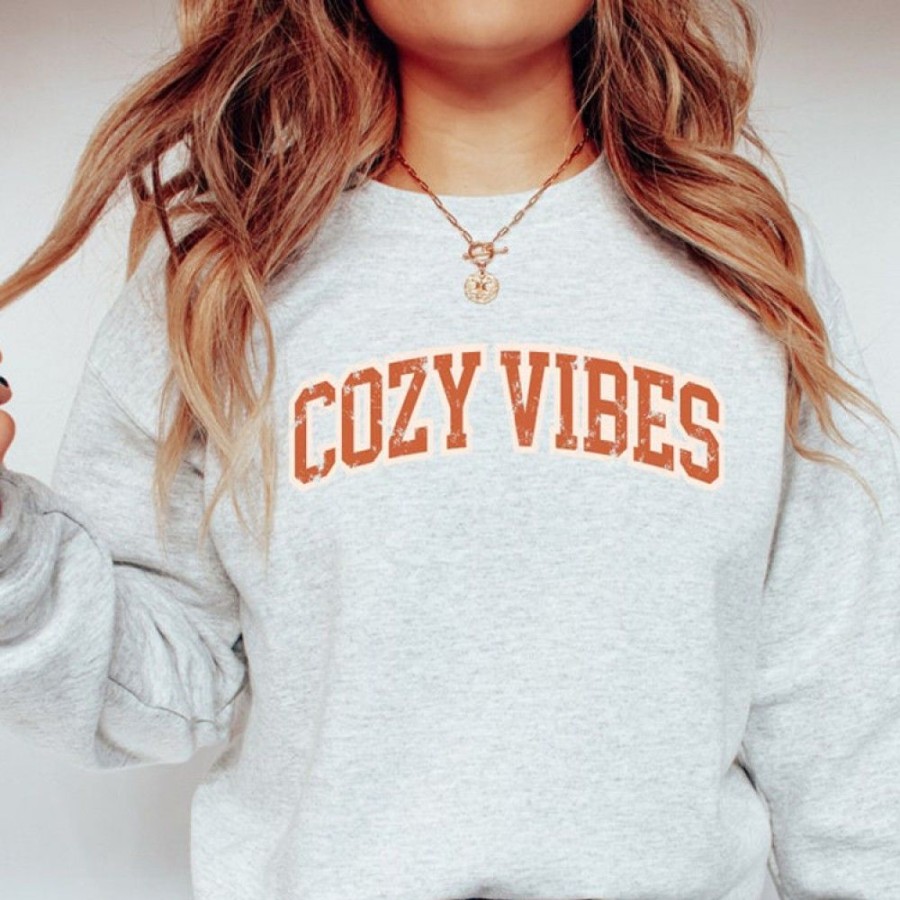 Women'S Favoshape | Women'S Cozy Vibes Crewneck Sweatshirt Gray