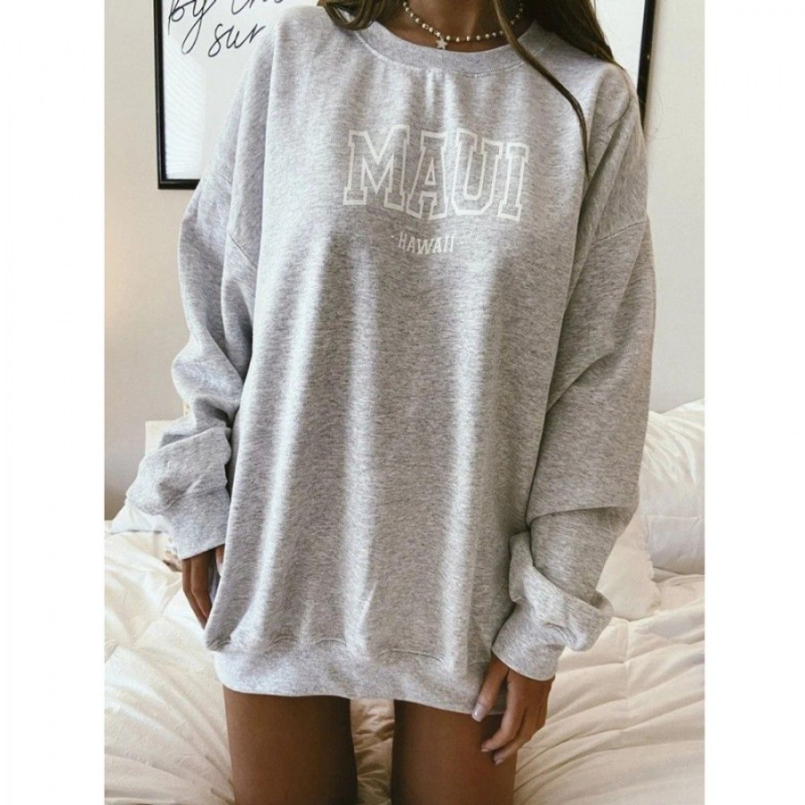 Women'S Favoshape | Women'S Maui Hawaii Printed Loose Fit Sweatshirt Grey