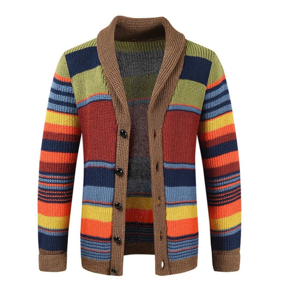 Men'S Favoshape | Men'S Western Cowboy Color Block Shawl Neck Knit Cardigan Multicolor