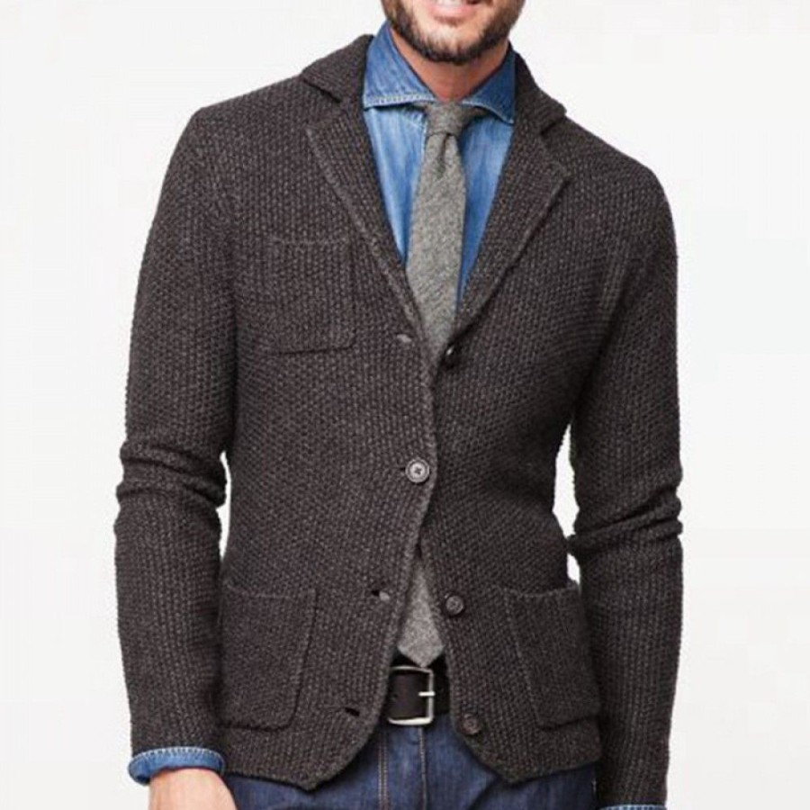 Men'S Favoshape | Men'S Shawl Collar Button Up Cable Knitted Formal Cardigan Sweater Coffee