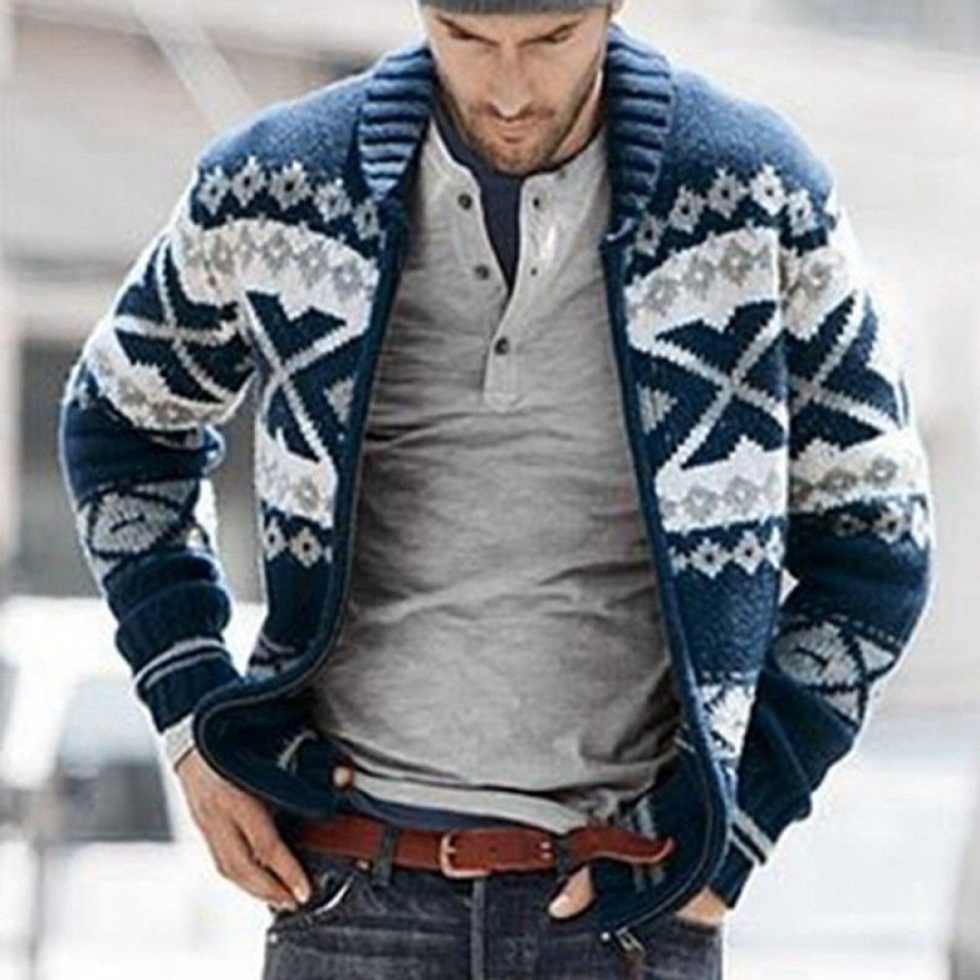 Men'S Favoshape | Men'S Western Aztec Pattern Shawl Collar Zip Up Cowichan Cardigan Dark Blue