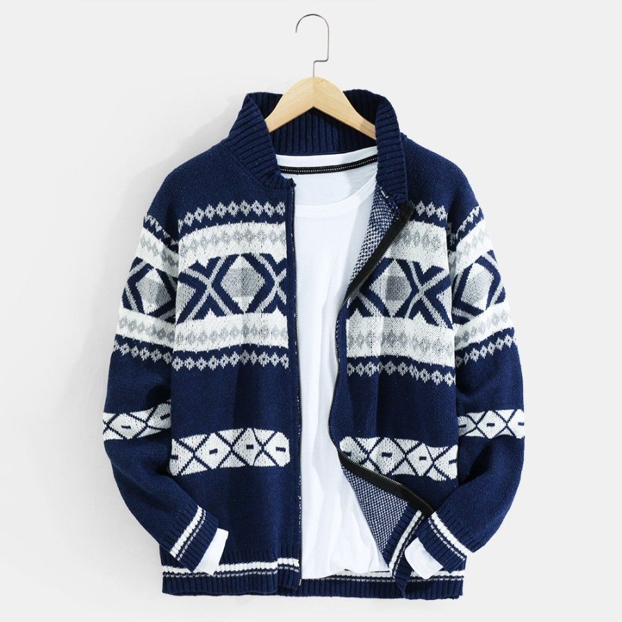 Men'S Favoshape | Men'S Western Aztec Pattern Shawl Collar Zip Up Cowichan Cardigan Dark Blue