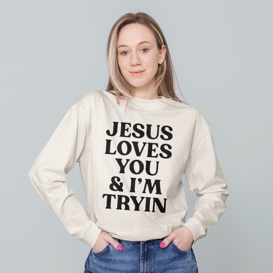 Women'S Favoshape | Women'S Jesus Loves You And I'M Tryin Crewneck Sweatshirt Khaki