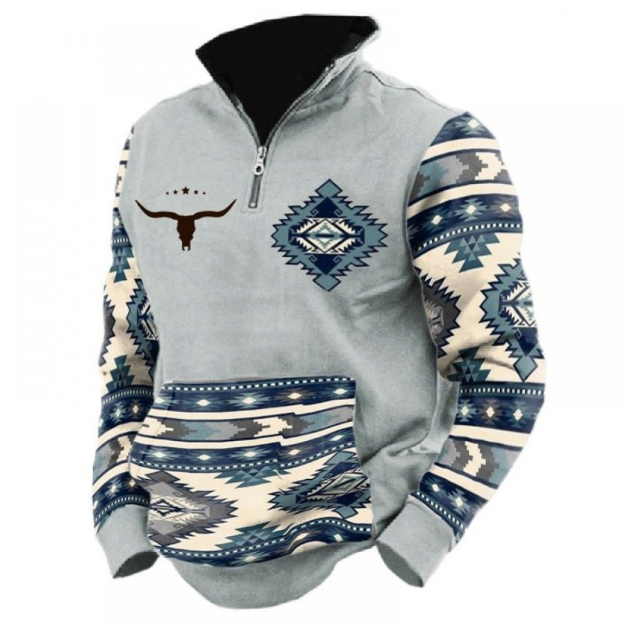 Men'S Favoshape | Men'S Ethnic Style Geometric Print Outdoor Sweatshirt Grey