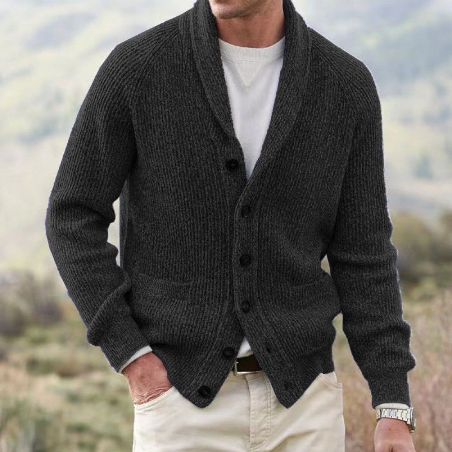 Men'S Favoshape | Men'S Shawl Collar V-Neck Button Up Ribbed Knitted Cardigan