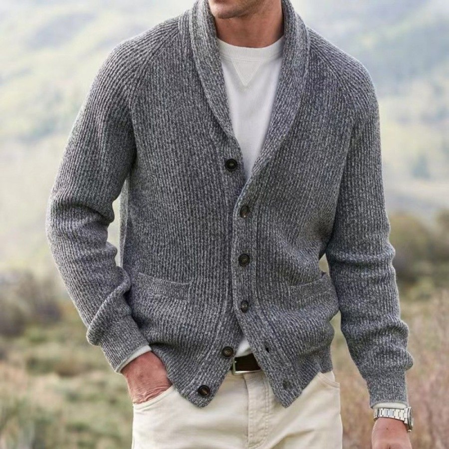 Men'S Favoshape | Men'S Shawl Collar V-Neck Button Up Ribbed Knitted Cardigan