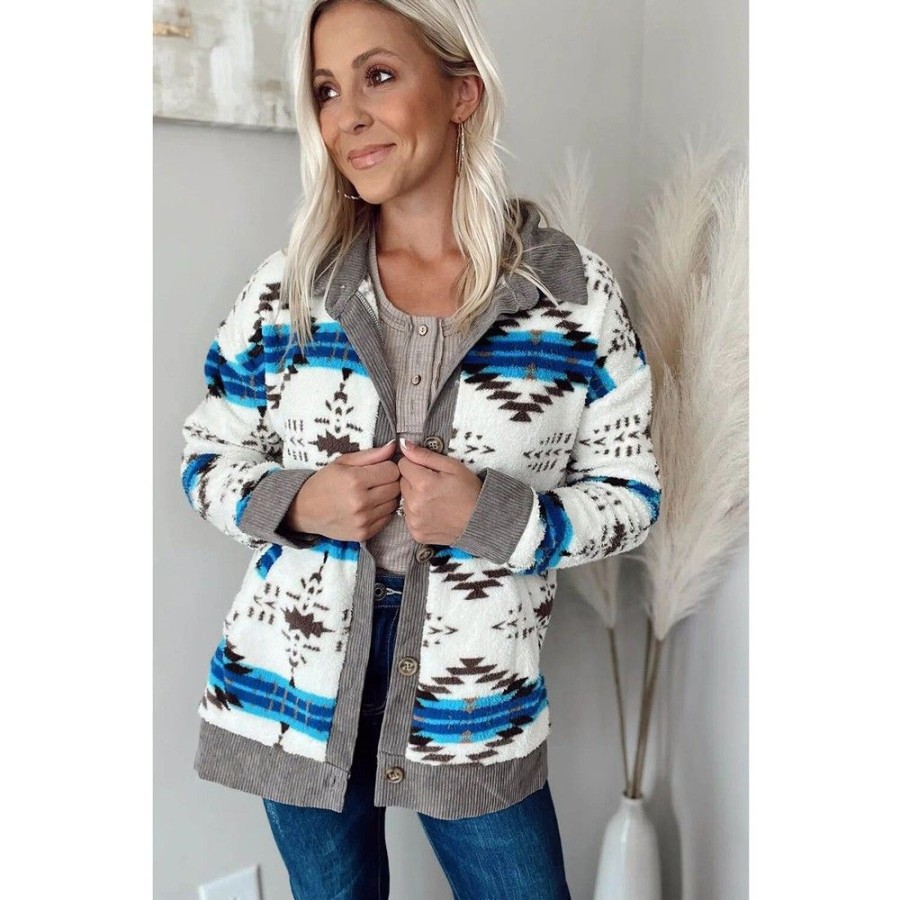 Women'S Favoshape | Women'S Western Sherpa Aztec Pattern Mid Length Trim Jacket