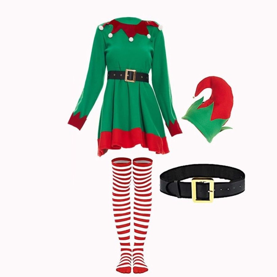 Christmas Favoshape | Ladies Deluxe Holiday Elf Costume Christmas Santa'S Helper Cosplay Dress Green