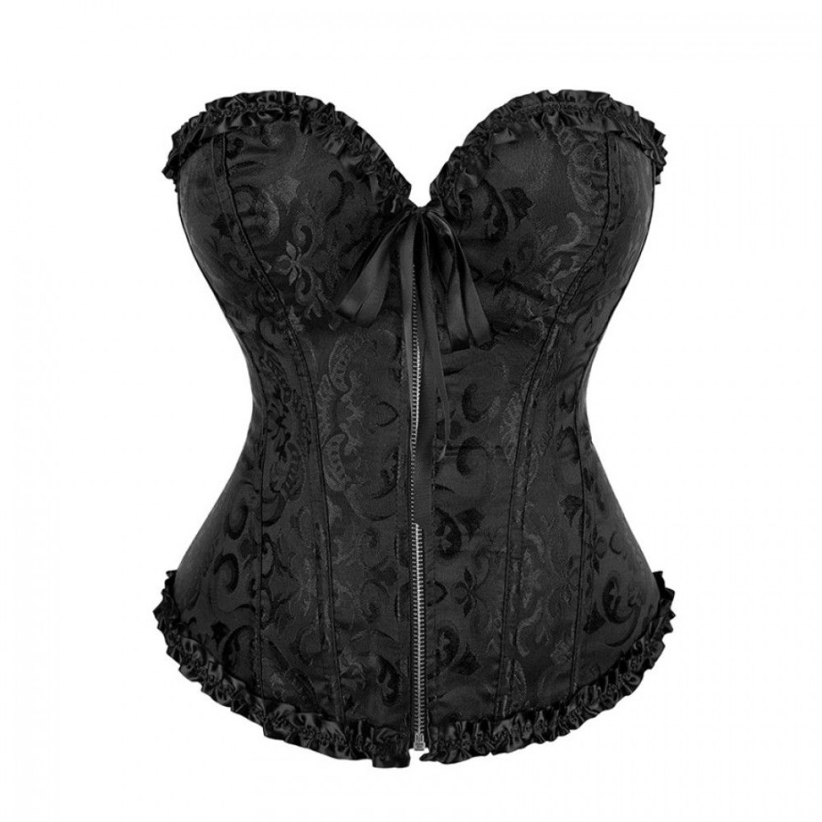 Corsets Favoshape | Women'S Overbust Zipper Front Floral Lace Trim Corset Satin Jacquard Waist Cincher Bustier