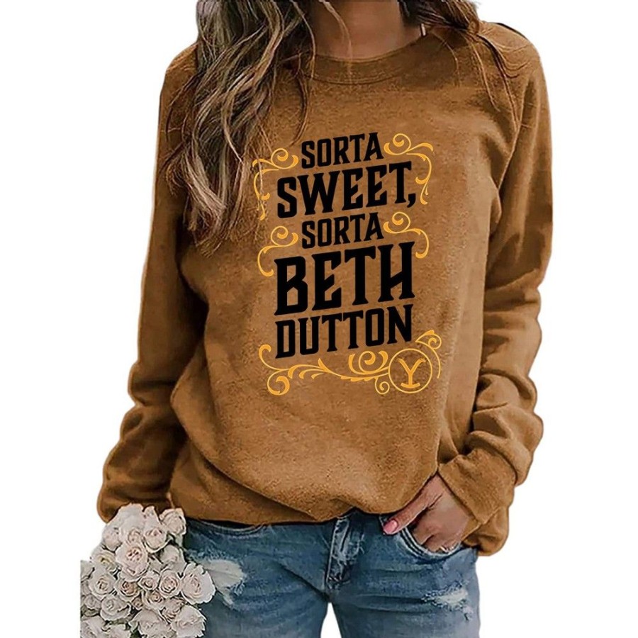 Women'S Favoshape | Women'S Sorta Sweet Sorta Beth Dutton Printed Crew Neck Sweatshirt Brown