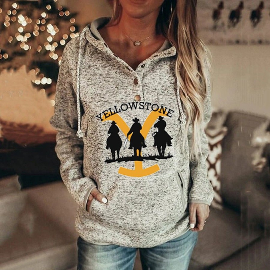 Women'S Favoshape | Women'S Yellowstone Cowboy Printed Hoodie Grey