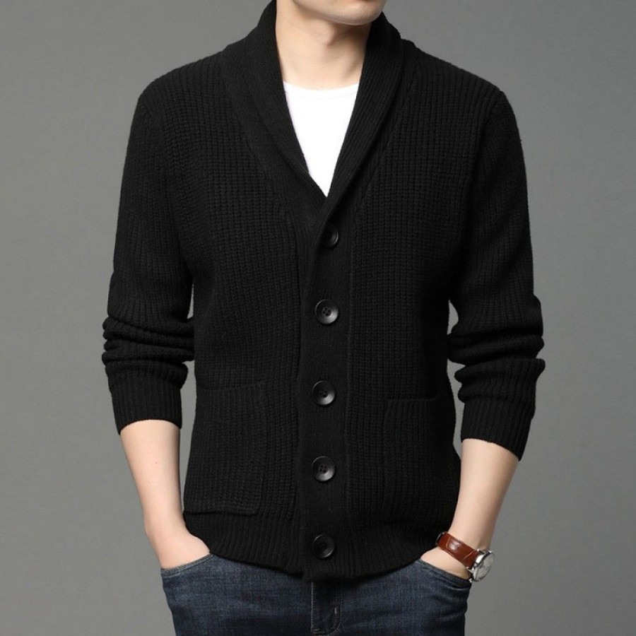 Men'S Favoshape | Men'S Distressed Shawl-Collar Ribbed Cable Knitted Cardigan