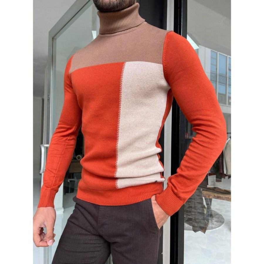 Men'S Favoshape | Portland Orange Patterned Turtleneck Slim Fit Pullover Sweater Red