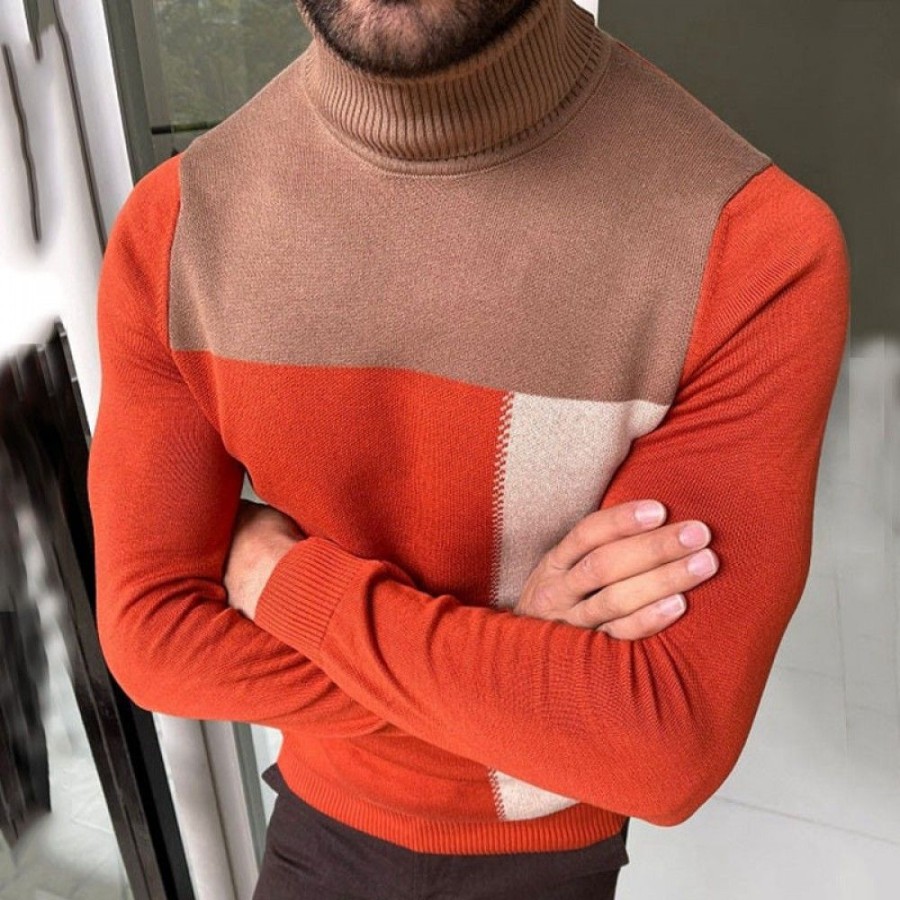 Men'S Favoshape | Portland Orange Patterned Turtleneck Slim Fit Pullover Sweater Red