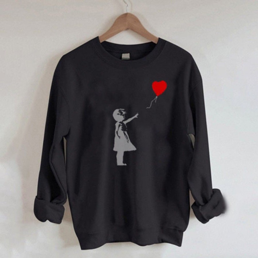 Women'S Favoshape | Women'S Girl With Love Balloon Crewneck Sweatshirt Black