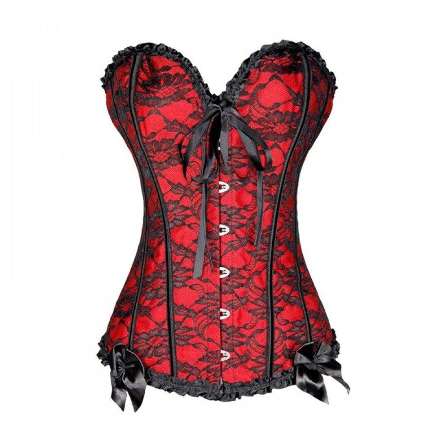 Corsets Favoshape | Womens Floral Lace Trim Corset Gothic Overbust Flower Pleated Trim Bustier