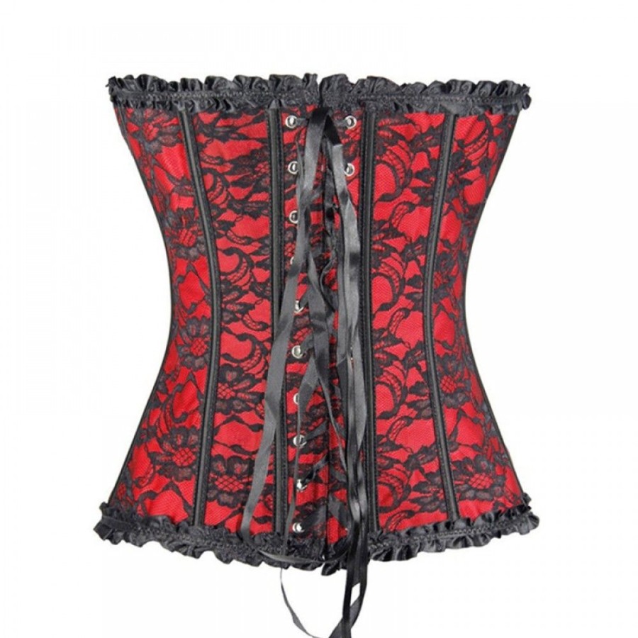 Corsets Favoshape | Womens Floral Lace Trim Corset Gothic Overbust Flower Pleated Trim Bustier