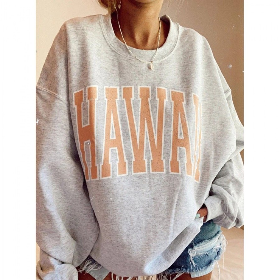 Women'S Favoshape | Women'S Oversized Hawaii Printed Drop Shoulder Crewneck Sweatshirt Grey