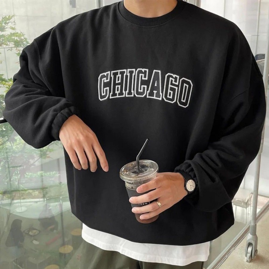 Men'S Favoshape | Men'S Chicago Inspired Crewneck Sweatshirt Black